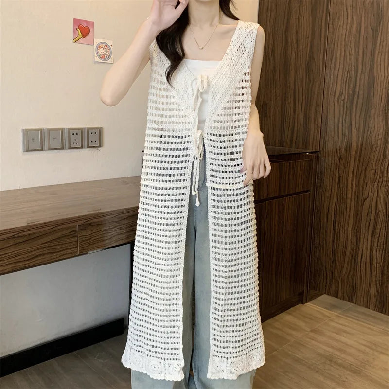 Boring Honey Women Tops Retro Openwork Sleeveless Cardigan Draped Over Loose High-End Long Sunscreen Blouse Fashion Vest Dress