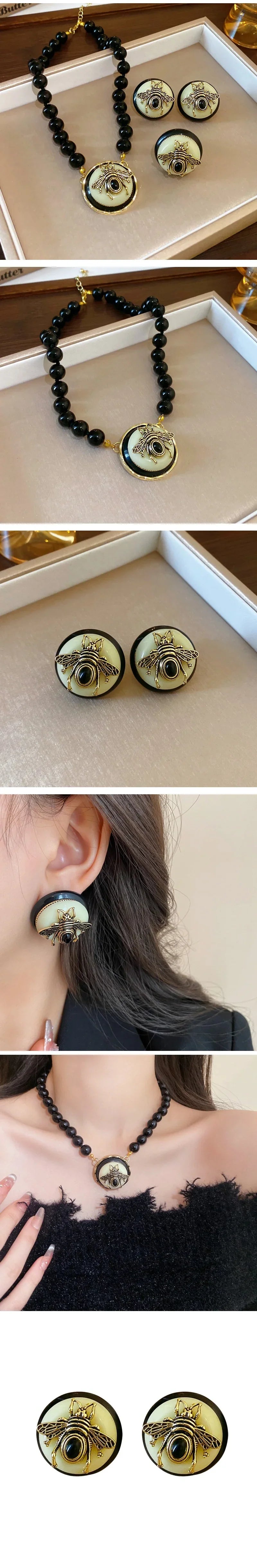 Vintage Black Bee Pearl Earnail Necklace For Women Classic Bee Badge Earrings Choker Set Animals Bee Premium Jewelry Gifts 2025