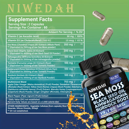 2pack-Sea Moss Black Seed Oil Ashwagandha Ginger Capsules. Sea Moss Capsules with Black Seed Oil, Ashwagandha, Turmeric, Moringa, Bladderwrack, Burdock Root, Manuka Honey, Cinnamon. 18-in-1 19798mg/Serv