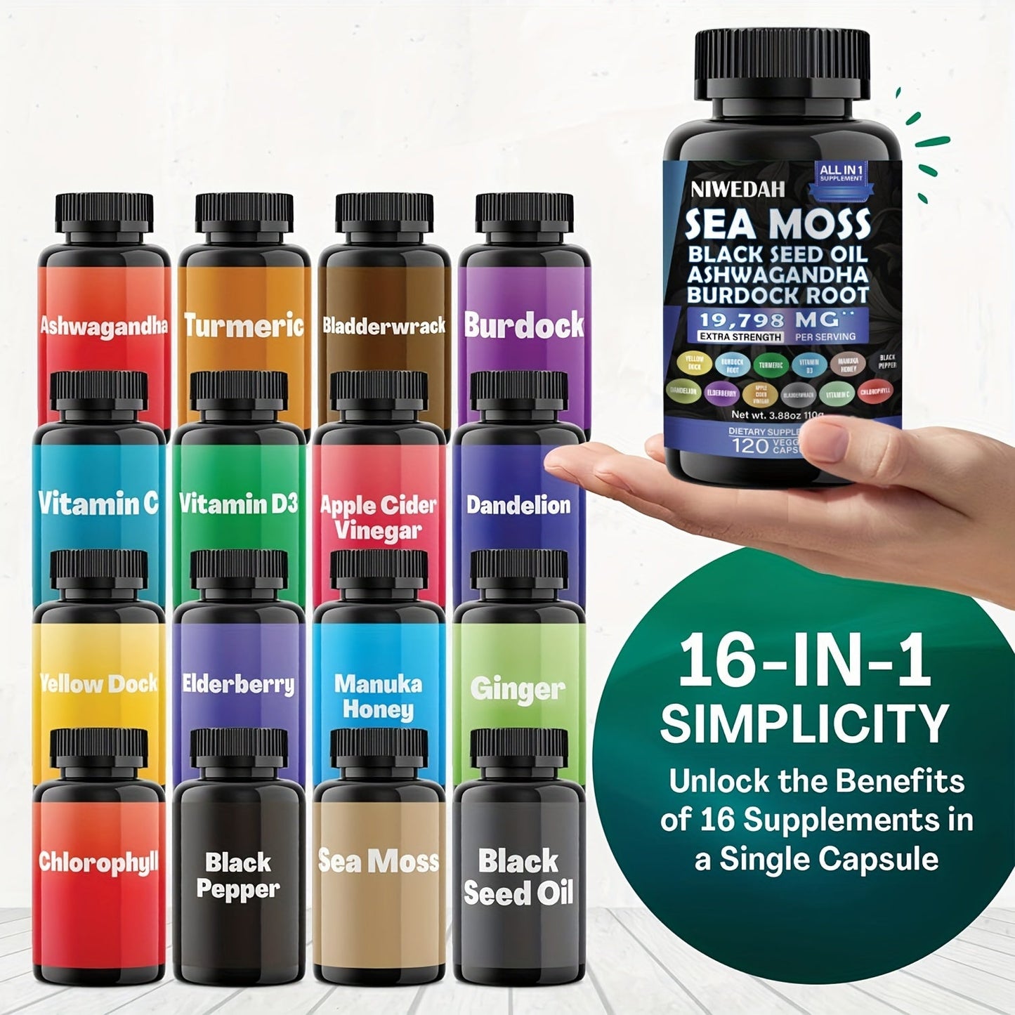 2pack-Sea Moss Black Seed Oil Ashwagandha Ginger Capsules. Sea Moss Capsules with Black Seed Oil, Ashwagandha, Turmeric, Moringa, Bladderwrack, Burdock Root, Manuka Honey, Cinnamon. 18-in-1 19798mg/Serv