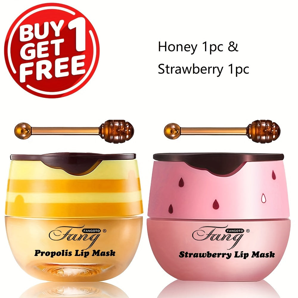 [Buy 1 Get 1 Free]2 Pack Bee Balm Lip Balm Honey Pot, Exfoliating Honey & Strawberry Propolis Lip Mask, Hydrating & Prevention Dry And Cracked Lip Scrubs Exfoliator Lip Sleeping Mask Reduces Lip Lines With Brush Lip Care Vale