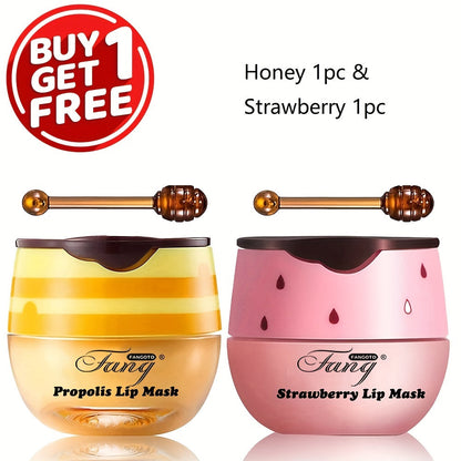 [Buy 1 Get 1 Free]2 Pack Bee Balm Lip Balm Honey Pot, Exfoliating Honey & Strawberry Propolis Lip Mask, Hydrating & Prevention Dry And Cracked Lip Scrubs Exfoliator Lip Sleeping Mask Reduces Lip Lines With Brush Lip Care Vale