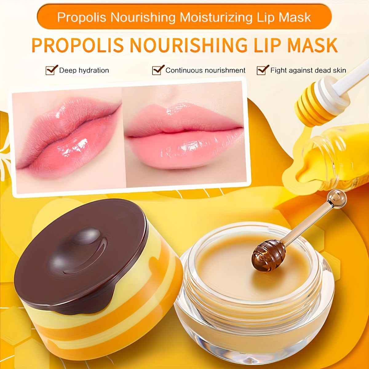 [Buy 1 Get 1 Free]2 Pack Bee Balm Lip Balm Honey Pot, Exfoliating Honey & Strawberry Propolis Lip Mask, Hydrating & Prevention Dry And Cracked Lip Scrubs Exfoliator Lip Sleeping Mask Reduces Lip Lines With Brush Lip Care Vale