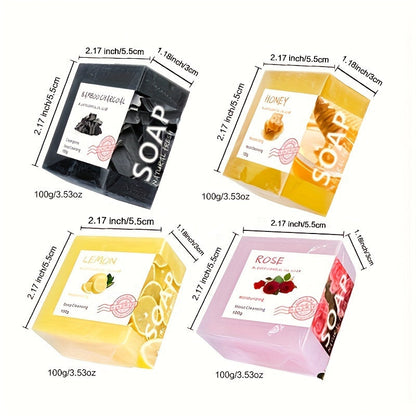 4pcs Handmade Essential Oil Soap, Bamboo Charcoal Soap Lemon Soap Honey Soap Rose Soap African Soap, Deep Cleaning, Helps Maintain Fresh Skin, Facial and Body Cleaning Soap, Skin Care, for Men and Women