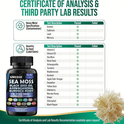 2pack-Sea Moss Black Seed Oil Ashwagandha Ginger Capsules. Sea Moss Capsules with Black Seed Oil, Ashwagandha, Turmeric, Moringa, Bladderwrack, Burdock Root, Manuka Honey, Cinnamon. 18-in-1 19798mg/Serv