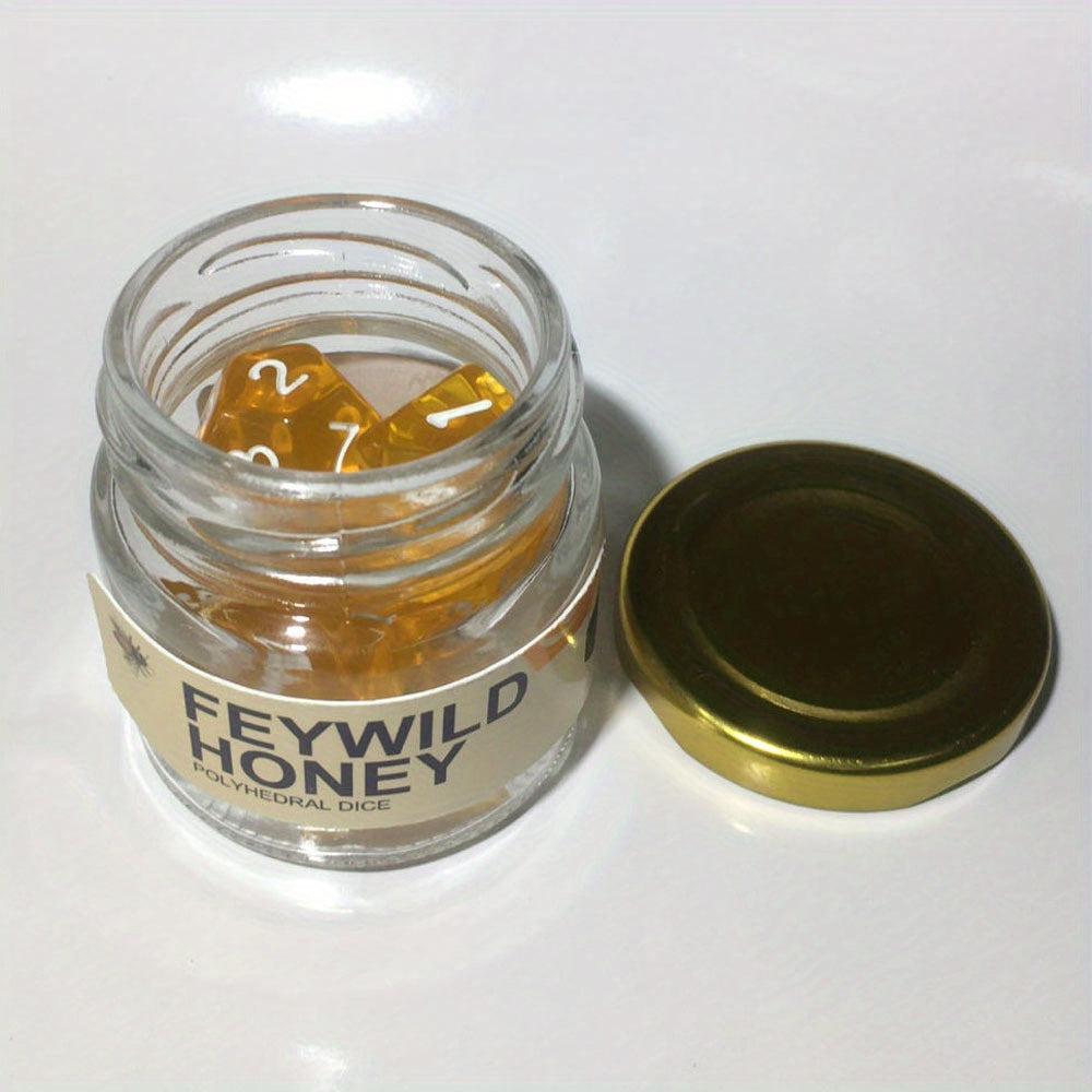 7-Piece Full Set of Honey Transparent Golden Octahedron Dice - Perfect for Dungeons and Dragons Mystery Games - Unique Transparent Design with Accurate Numbering and Vibrant Color