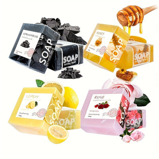 4pcs Handmade Essential Oil Soap, Bamboo Charcoal Soap Lemon Soap Honey Soap Rose Soap African Soap, Deep Cleaning, Helps Maintain Fresh Skin, Facial and Body Cleaning Soap, Skin Care, for Men and Women