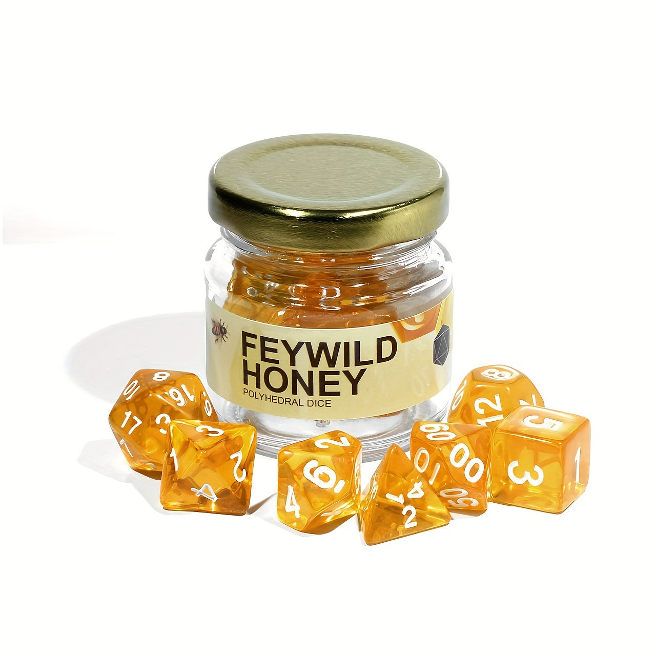 7-Piece Full Set of Honey Transparent Golden Octahedron Dice - Perfect for Dungeons and Dragons Mystery Games - Unique Transparent Design with Accurate Numbering and Vibrant Color