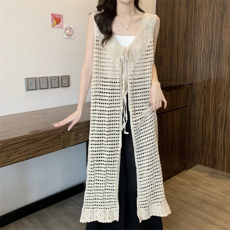 Boring Honey Women Tops Retro Openwork Sleeveless Cardigan Draped Over Loose High-End Long Sunscreen Blouse Fashion Vest Dress