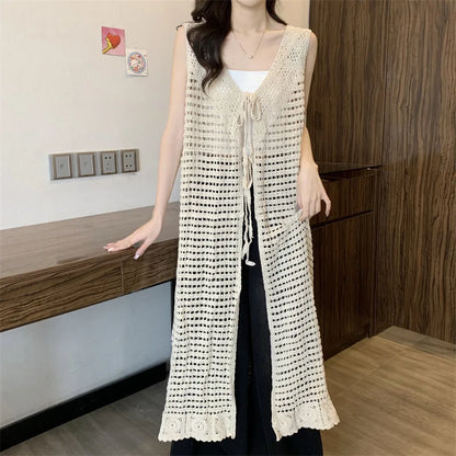 Boring Honey Women Tops Retro Openwork Sleeveless Cardigan Draped Over Loose High-End Long Sunscreen Blouse Fashion Vest Dress