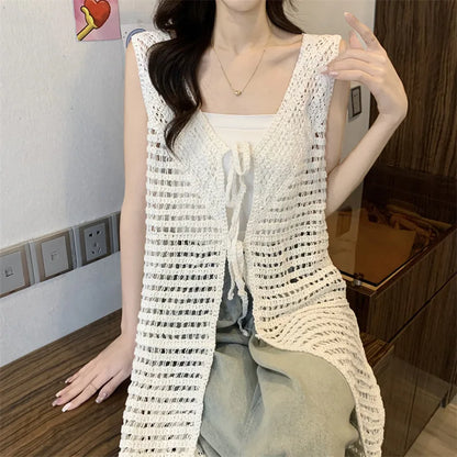 Boring Honey Women Tops Retro Openwork Sleeveless Cardigan Draped Over Loose High-End Long Sunscreen Blouse Fashion Vest Dress
