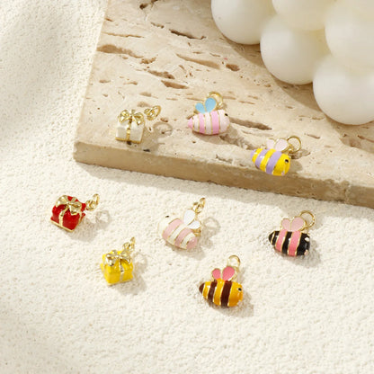 2PCs Cute Brass Cartoon Bee Jewelry Charms 18K Real Gold Plated Enamel 3D Gift Box Pendant Necklace Bracelet DIY Findings