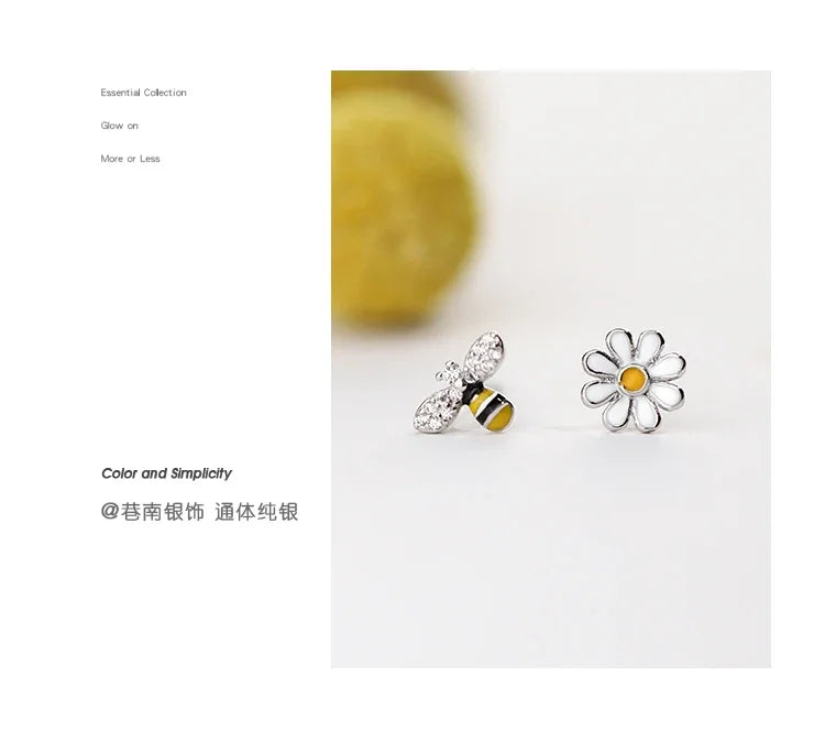 Real 925 Sterling Silver bee flower Earrings Women Simple Fashion Wedding Jewelry Accessories