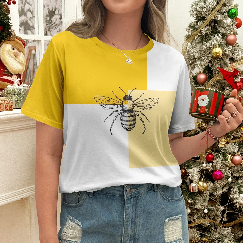 Yellow And White Women's T-shirt With Bee Pattern Design - Summer Casual Style Round Neck Short Sleeve