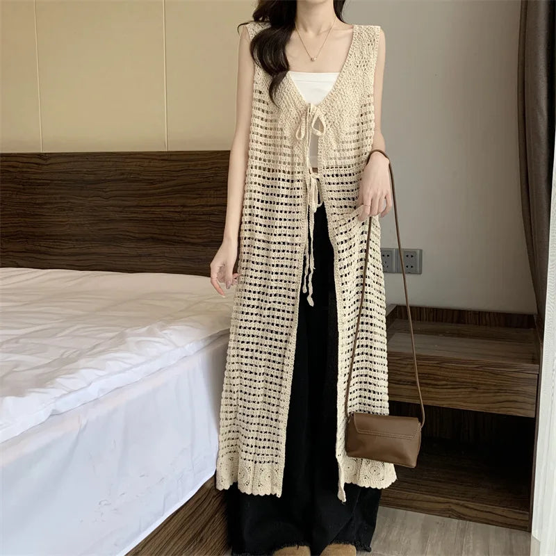 Boring Honey Women Tops Retro Openwork Sleeveless Cardigan Draped Over Loose High-End Long Sunscreen Blouse Fashion Vest Dress