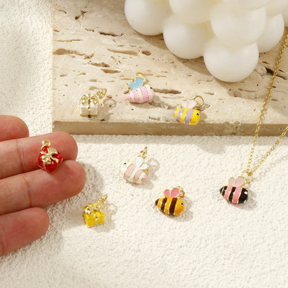 2PCs Cute Brass Cartoon Bee Jewelry Charms 18K Real Gold Plated Enamel 3D Gift Box Pendant Necklace Bracelet DIY Findings