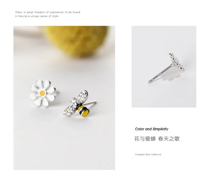 Real 925 Sterling Silver bee flower Earrings Women Simple Fashion Wedding Jewelry Accessories
