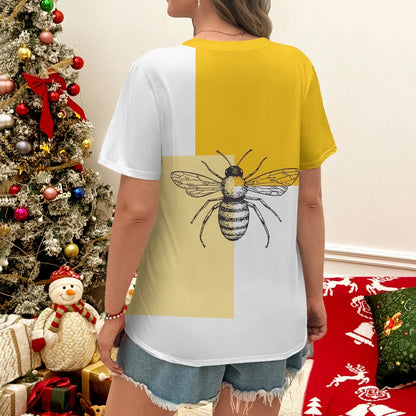 Yellow And White Women's T-shirt With Bee Pattern Design - Summer Casual Style Round Neck Short Sleeve