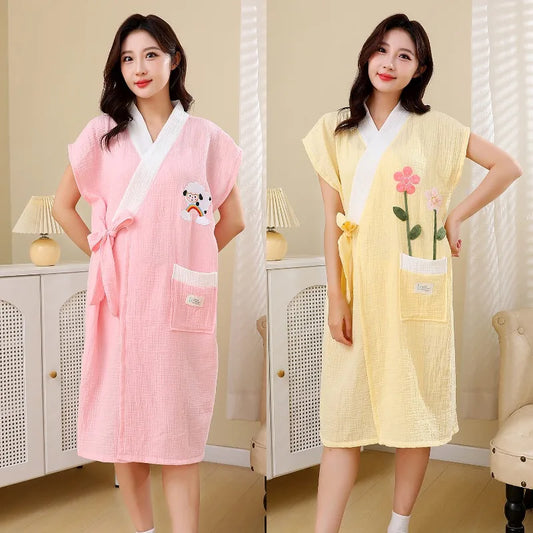 Cotton Gauze Bathrobe for Women  Absorbent Soft Tie Belt Towel for Home & Leisure Comfortable Lounge Dress