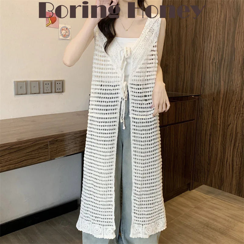 Boring Honey Women Tops Retro Openwork Sleeveless Cardigan Draped Over Loose High-End Long Sunscreen Blouse Fashion Vest Dress