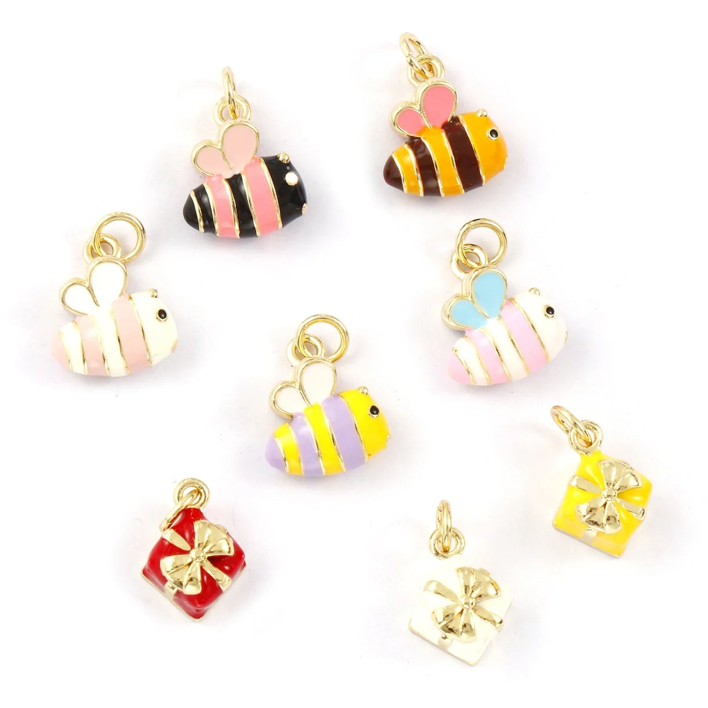 2PCs Cute Brass Cartoon Bee Jewelry Charms 18K Real Gold Plated Enamel 3D Gift Box Pendant Necklace Bracelet DIY Findings