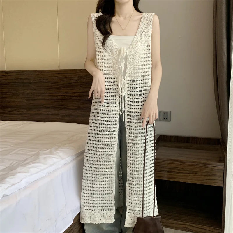 Boring Honey Women Tops Retro Openwork Sleeveless Cardigan Draped Over Loose High-End Long Sunscreen Blouse Fashion Vest Dress