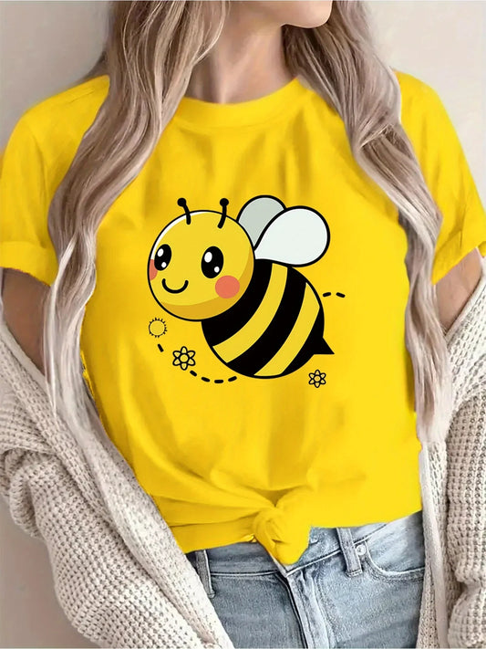 Women's Casual Short Sleeve T-Shirt Cute Cartoon Bee & Floral Print Breathable Round Neck Tee for Spring/Summer