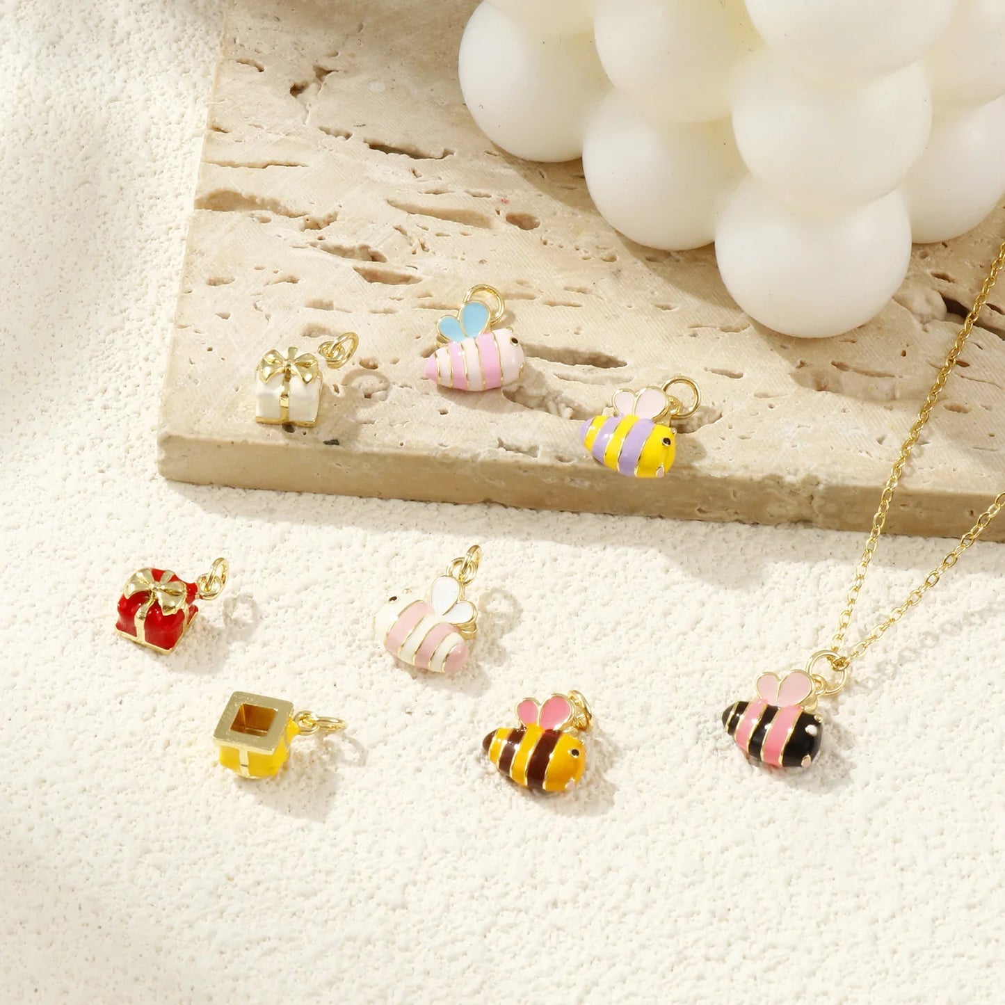 2PCs Cute Brass Cartoon Bee Jewelry Charms 18K Real Gold Plated Enamel 3D Gift Box Pendant Necklace Bracelet DIY Findings