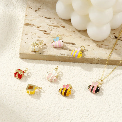 2PCs Cute Brass Cartoon Bee Jewelry Charms 18K Real Gold Plated Enamel 3D Gift Box Pendant Necklace Bracelet DIY Findings