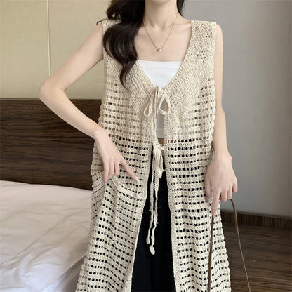 Boring Honey Women Tops Retro Openwork Sleeveless Cardigan Draped Over Loose High-End Long Sunscreen Blouse Fashion Vest Dress