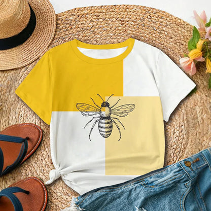 Yellow And White Women's T-shirt With Bee Pattern Design - Summer Casual Style Round Neck Short Sleeve