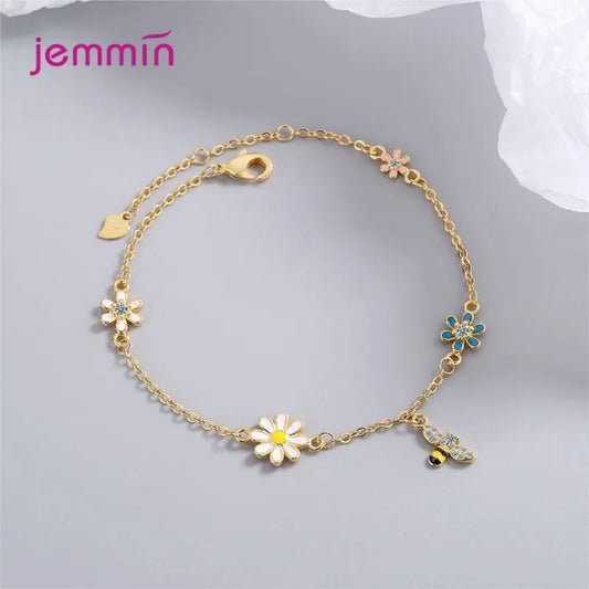 Colorful Pendant Bracelet Genuine 925 Sterling Silver Bee Flower Bracelet For Women Girls Wedding Party Jewelry Accessories