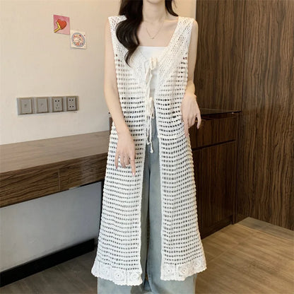 Boring Honey Women Tops Retro Openwork Sleeveless Cardigan Draped Over Loose High-End Long Sunscreen Blouse Fashion Vest Dress