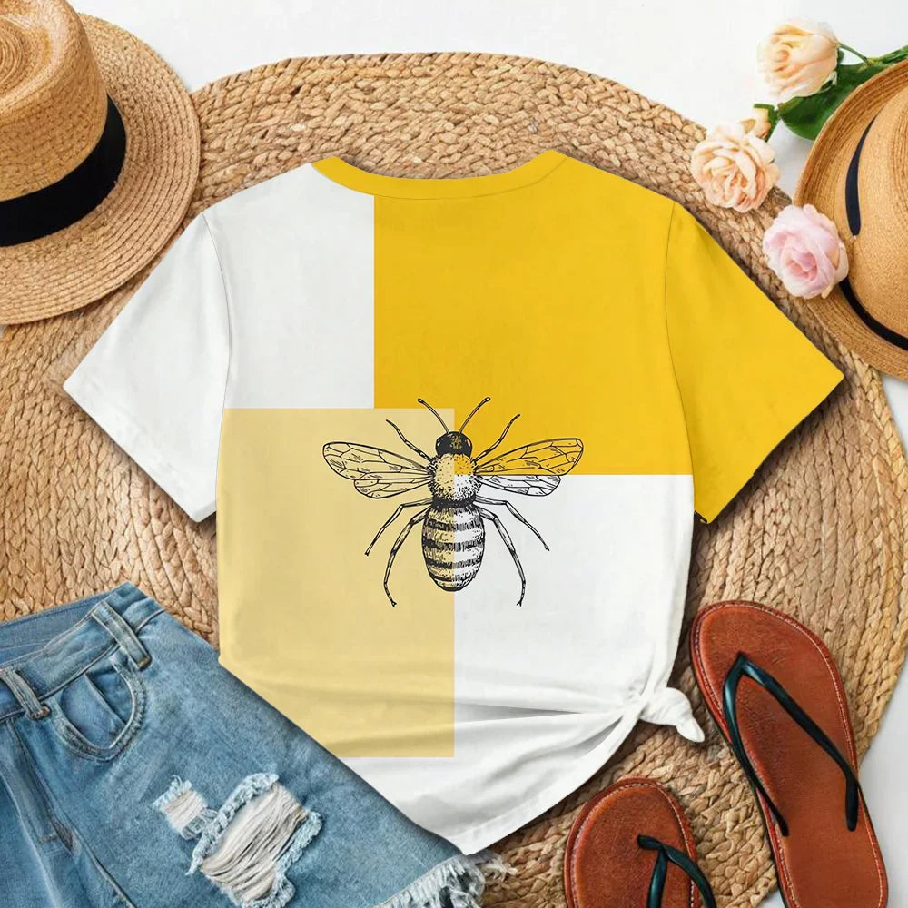 Yellow And White Women's T-shirt With Bee Pattern Design - Summer Casual Style Round Neck Short Sleeve
