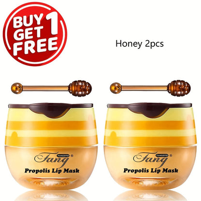 [Buy 1 Get 1 Free]2 Pack Bee Balm Lip Balm Honey Pot, Exfoliating Honey & Strawberry Propolis Lip Mask, Hydrating & Prevention Dry And Cracked Lip Scrubs Exfoliator Lip Sleeping Mask Reduces Lip Lines With Brush Lip Care Vale