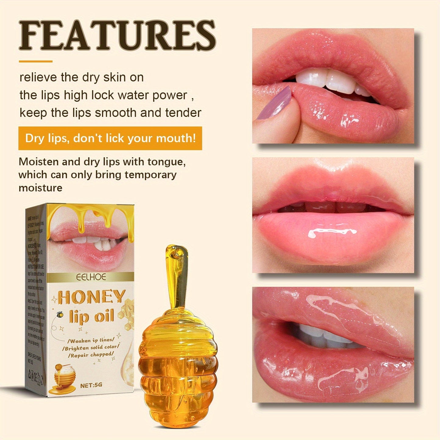 5g Honey Bliss Lip Oil - Intensive Moisturizing, Deeply Nourishing, Long-Lasting Repairing Lip Balm for Day and Night Use - Travel-Sized