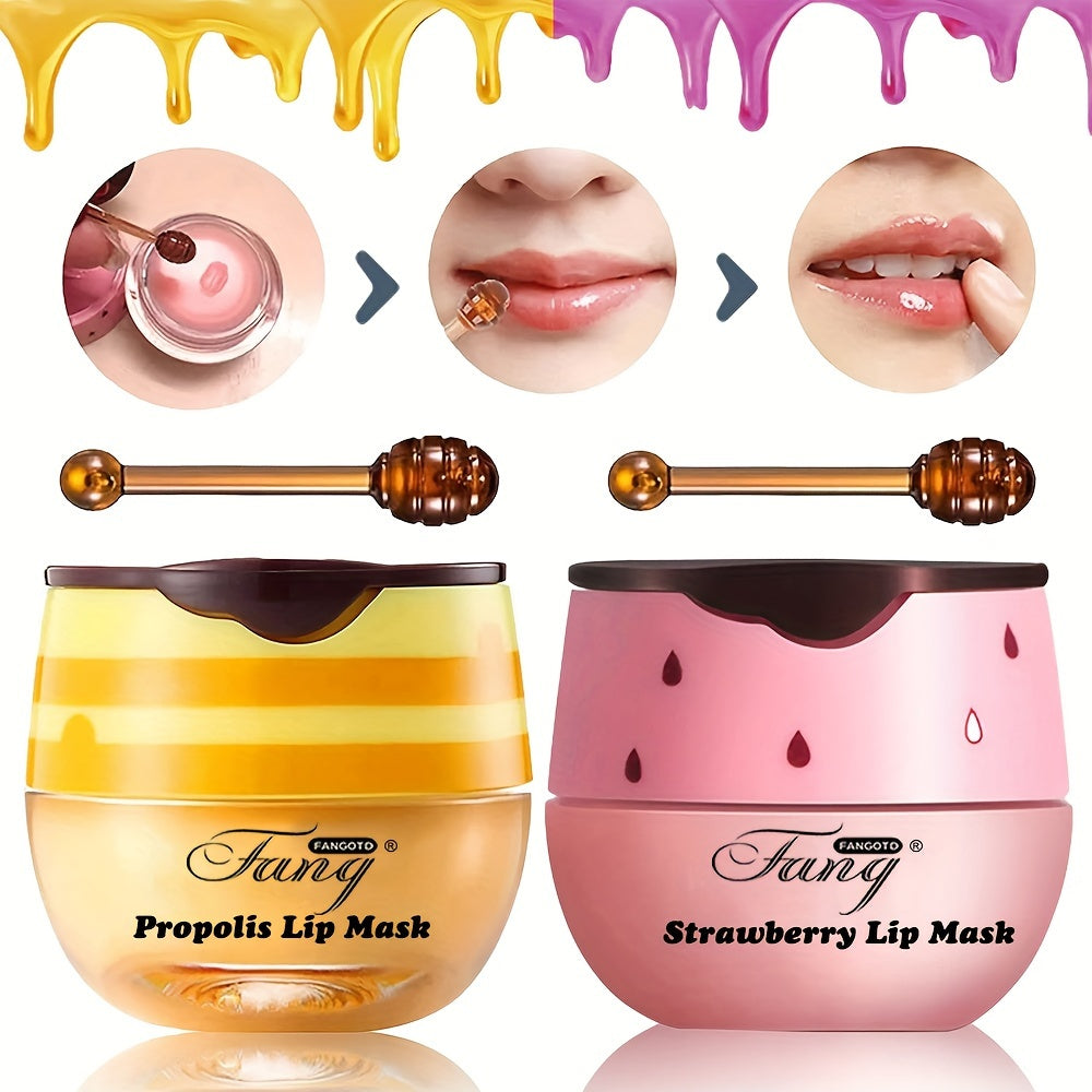 [Buy 1 Get 1 Free]2 Pack Bee Balm Lip Balm Honey Pot, Exfoliating Honey & Strawberry Propolis Lip Mask, Hydrating & Prevention Dry And Cracked Lip Scrubs Exfoliator Lip Sleeping Mask Reduces Lip Lines With Brush Lip Care Vale