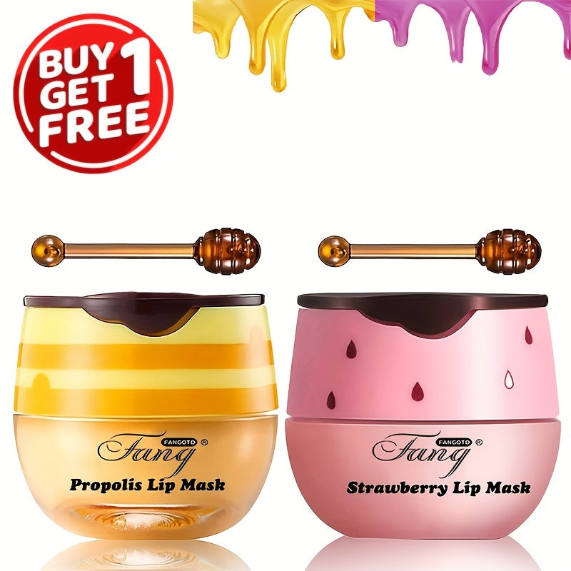 [Buy 1 Get 1 Free]2 Pack Bee Balm Lip Balm Honey Pot, Exfoliating Honey & Strawberry Propolis Lip Mask, Hydrating & Prevention Dry And Cracked Lip Scrubs Exfoliator Lip Sleeping Mask Reduces Lip Lines With Brush Lip Care Vale