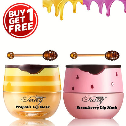 [Buy 1 Get 1 Free]2 Pack Bee Balm Lip Balm Honey Pot, Exfoliating Honey & Strawberry Propolis Lip Mask, Hydrating & Prevention Dry And Cracked Lip Scrubs Exfoliator Lip Sleeping Mask Reduces Lip Lines With Brush Lip Care Vale